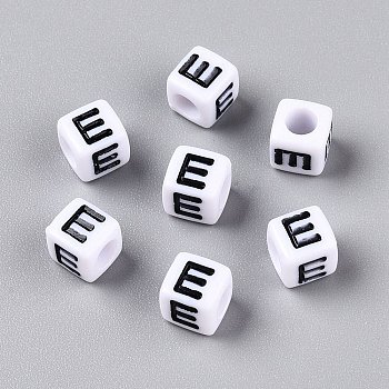 Large Hole Acrylic Letter European Beads, Horizontal Hole, White & Black, Cube with Letter.E, 6x6x6mm, Hole: 4mm, about 2950pcs/500g