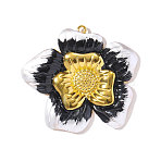 304 Stainless Steel Enamel Big Pendants, Flower Charms, Ion Plating(IP) Hand Polished, Black, Real 18K Gold Plated, 56x51mm(STAS-OY002-40G-02)