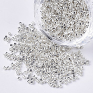 11/0 Grade A Glass Seed Beads, Cylinder, Uniform Seed Bead Size, Metallic Colours, Silver, 1.5x1mm, Hole: 0.5mm, about 20000pcs/bag(SEED-S030-0511)
