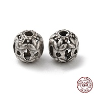 925 Sterling Silver Beads, Hollow Round with Leaf, with S925 Stamp, Antique Silver, 7.5mm, Hole: 1.8mm(STER-M113-14AS)