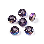 Transparent Glass European Beads, Large Hole Beads, AB Color Plated, Faceted, Rondelle, Purple, 13~14x7.5~8mm, Hole: 5.5~6mm(GPDL-N005-D14mm-A16)