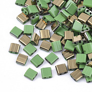 2-Hole Glass Seed Beads, Half Golden Plated Colours, Square, Light Green, 5x4.5~5.5x2~2.5mm, Hole: 0.5~0.8mm, about 118pcs/10g(X-SEED-S031-L-047-G)