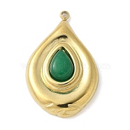 Natural Green Onyx Agate(Dyed & Heated) Pendants, 304 Stainless Steel Teardrop Charms, Real 18K Gold Plated, 28~28.5x18~18.5x6~6.5mm, Hole: 1.4mm(STAS-L277-12G-05)