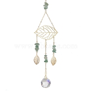 Brass Hollow Leaf Pendant Decorations, Natural Green Aventurine Chip & Glass Round Tassel Suncatchers for Window Hanging Ornaments, Golden, 303mm(HJEW-TA00273)