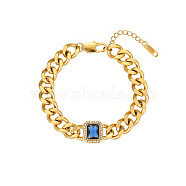 Rectangle Cubic Zirconia Link Bracelets, with Golden Stainless Steel Cuban Link Chains, Blue, 7-1/8 inch(18cm)(ZV2331-1)