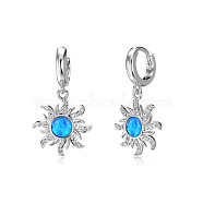 Sun Rhodium Plated 925 Sterling Silver Micro Pave Cubic Zirconia Dangle Hoop Earrings, with Synthetic Opal, Real Platinum Plated, 27.5x14.5mm(EJEW-P257-01P)