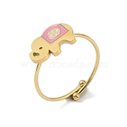 Elephant 304 Stainless Steel Enamel Ring, 316 Surgical Stainless Steel Open Cuff Ring for Women, Real 18K Gold Plated, Pearl Pink, Adjustable(RJEW-A038-15G-02)