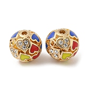 Golden Alloy Enamel Beads, with Rhinestone, Round with Heart, Red, 12x11.5mm, Hole: 1.8mm(FIND-E044-27G-02)