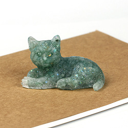 Natural Green Aventurine Cat Display Decorations, Sequins Resin Figurine Home Decoration, for Home Feng Shui Ornament, 80x50x50mm(WG85528-14)