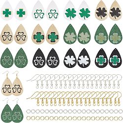 SUPERFINDINGS DIY 12Pairs Clover Style PU Leather Earring Making Kits, Including 24Pcs Teardrop Pendants, Brass Earring Hooks & Jump Rings, Mixed Color, 56x37x1.5mm, hole: 1.2mm(DIY-FH0002-26)