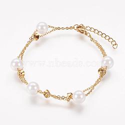 304 Stainless Steel Bracelets, with Acrylic Pearl Beads, Golden, 6-7/8 inch(175mm)(BJEW-F270-15G)