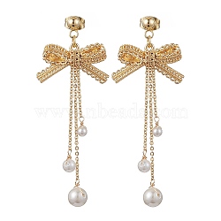 Brass Bowknot Dangle Stud Earrings, Shell Pearl Tassel Earrings, Golden, 48x22.5mm(EJEW-TA00402)