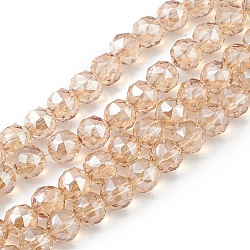 Transparent Electroplate Glass Beads Strands, Faceted, Round, Pearl Luster Plated, Sandy Brown, 9~10x9~9.5mm, Hole: 1.4mm, about 54~60pcs/strand, 18.90~21.65 inch(48~55cm)(EGLA-F154-PL03)