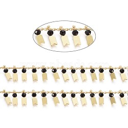3.28 Feet Handmade Glass Beaded Chains, with Real 18K Gold Plated Brass Curb Chains, Long-Lasting Plated, Soldered, Lead Free & Cadmium Free, Black, 2.5x1.8x0.3mm, charms: 9.5x3x3mm(X-CHC-I029-06B)