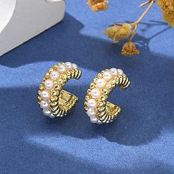 Brass Plastic Pearl Cuff Earrings, C-Shaped, Golden, 15x6mm(EJEW-G420-01G)