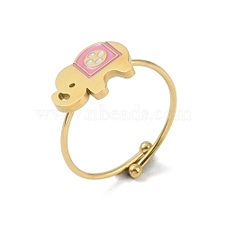 Ion Plating(IP) Elephant 304 Stainless Steel Enamel Ring, Nickel Free, 316 Surgical Stainless Steel Open Cuff Ring for Women, Real 18K Gold Plated, Pearl Pink, Adjustable(RJEW-A038-15G-02)