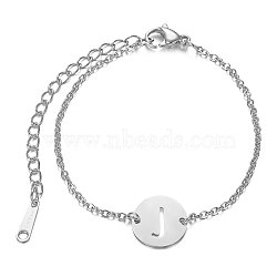 Tarnish Resistant 201 Stainless Steel Link Bracelets, with Cable Chains and Lobster Claw Clasps, Flat Round with Letter, Letter.J, 6 inch~6-3/4 inch(15~17.5cm), 1.5mm(STAS-T040-JN007-J)