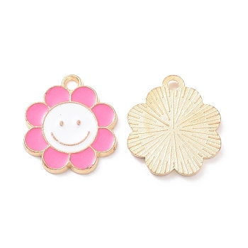 Alloy Enamel Pendants, Flower with Smiling Face Charm, Light Gold, Pearl Pink, 18.5x16x1.5mm, Hole: 1.8mm