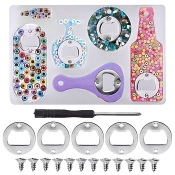 Bottle Opener Handle Silicone Mold, Glossy Circle Epoxy Resin on Top Phone Grip Mold, for DIY Epoxy Crafts Jewelry Making Supplies, with Stainless Steel Opener Accessories, Iron Screws & Screwdriver, White, 0.55~24x0.55~15.4x0.2~1.1cm, 19pcs/set