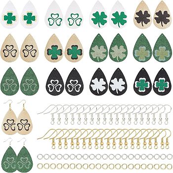 SUPERFINDINGS DIY 12Pairs Clover Style PU Leather Earring Making Kits, Including 24Pcs Teardrop Pendants, Brass Earring Hooks & Jump Rings, Mixed Color, 56x37x1.5mm, hole: 1.2mm