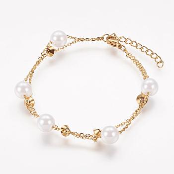 304 Stainless Steel Bracelets, with Acrylic Pearl Beads, Golden, 6-7/8 inch(175mm)