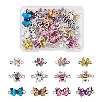 24Pcs 12 Styles Alloy Enamel Connector Charms, Platinum, Flower & Butterfly & Bee, Mixed Color, 11.5~16x17.5~23x2~3.5mm, Hole: 1.6~2mm, 2pcs/style