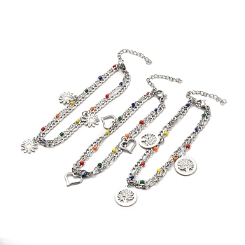 Colorful Enamel Beaded & Figaro Chains Double Layer Multi-strand Bracelet, 304 Stainless Steel Charms Bracelet for Women, Stainless Steel Color, Mixed Patterns, Pendant: 10.5~15.5x13~11x0.7~1mm, 7-1/8 inch(18cm)
