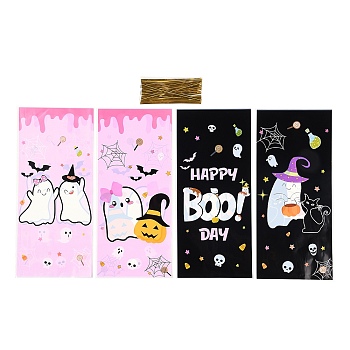 50Pcs Halloween Theme Rectangle Plastic Cookies Bags, Halloween Printed Candy Bags with Twist Wire Ties, Mixed Color, 27.5x12.5x0.01cm