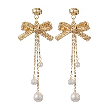 Brass Bowknot Dangle Stud Earrings, Shell Pearl Tassel Earrings, Golden, 48x22.5mm