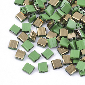 2-Hole Glass Seed Beads, Half Golden Plated Colours, Square, Light Green, 5x4.5~5.5x2~2.5mm, Hole: 0.5~0.8mm, about 118pcs/10g