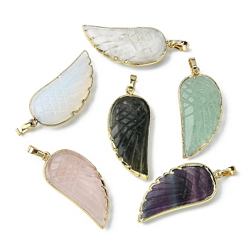 Natural & Synthetic Mixed Gemstone Pendants, Wing Charms, with Rack Plating Golden Plated Brass Edge, 39x18x7mm, Hole: 6x4mm