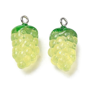 Transparent Resin Fruit Pendants, Grape Charms with Platinum Tone Iron Loops, Yellow, 24x12x11mm, Hole: 2mm