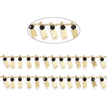 3.28 Feet Handmade Glass Beaded Chains, with Real 18K Gold Plated Brass Curb Chains, Long-Lasting Plated, Soldered, Lead Free & Cadmium Free, Black, 2.5x1.8x0.3mm, charms: 9.5x3x3mm