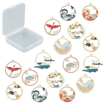Eco-Friendly Alloy Pendants, with Enamel and ABS Plastic Imitation Pearl, Flat Round with Cloud and Wave and Swan, Cadmium Free & Lead Free, Light Gold, Mixed Color, 16pcs/Box