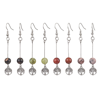 4 Pairs Natural Gemstone Round Beaded Dangle Earrings, Alloy Tree of Life Earrings for Women, 65x10mm, 4 colors, 1pair/color, 4pairs/set