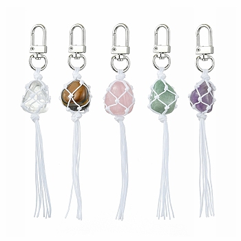 Braided Nylon Pouch Stone Holder Pendant Decoration, with Natural Mixed Gemstone and Alloy Swivel Clasps, 135mm, Pendants: 105x17~20.5x17~23mm