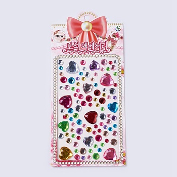 Self Adhesive Mobile Phone Stickers, Acrylic Rhinestone Stickers, Faceted, Heart, Mixed Color, 5.5~20x5.5~20x2.5~4mm, Package Size: 24x11.6x0.4cm