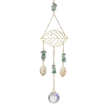 Brass Hollow Leaf Pendant Decorations, Natural Green Aventurine Chip & Glass Round Tassel Suncatchers for Window Hanging Ornaments, Golden, 303mm