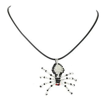 Braided Glass Seed Bead Spider Pendant Necklaces, Waxed Cotton Cord Necklaces for Women, White, 19.69 inch(50cm)