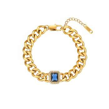 Rectangle Cubic Zirconia Link Bracelets, with Golden Stainless Steel Cuban Link Chains, Blue, 7-1/8 inch(18cm)