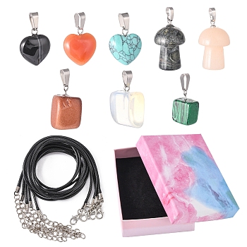 DIY Gemstone Necklace Making Kit, Including Heart & Nugget & Mushroom Natural & Synthetic Mixed Stone Pendants, Waxed Cord, 13Pcs/box
