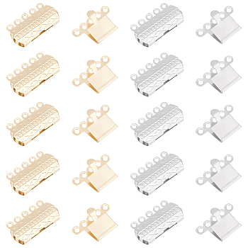 24Pcs 2 Colors 304 Stainless Steel Box Clasps, Multi-Strand Clasps, 5-Strands, 10-Holes, Rectangle with Flower, Golden & Stainless Steel Color, 19.5x14x3mm, Hole: 1.4mm, 12pcs/color