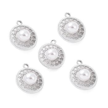 Alloy Rhinestone Pendants, with ABS Plastic Imitation Pearl Beads, Flat Round Charm, Platinum, 22x18.5x9mm, Hole: 2.5mm