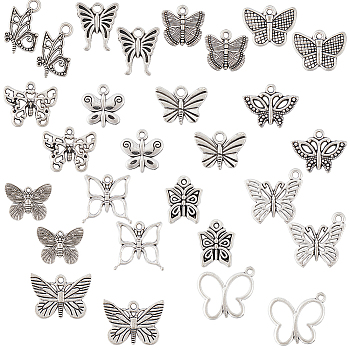 84pcs 14 styles Tibetan Style Alloy Butterfly Pendants, Antique Silver, 12~18x10~21.5x1~3mm, Hole: 1.5~2mm, 6pcs/style