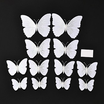 PVC Plastic Artificial 3D Butterfly Decorations, with Adhesive Sticker and Magnet, for Fridge Magnets or Wall Decorations, White, 45~95x57~118x5mm, 12pcs/bag