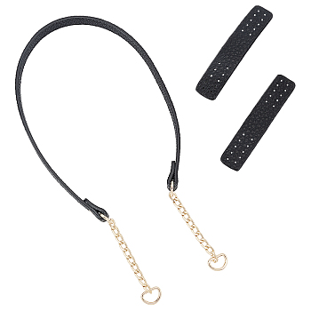 PU Leather Bag Straps, with Iron Curb Chain & D Ring and Hand Sewing Hangers, Flat, Bag Replacement Accessories, Black, 74x1.6x0.4cm