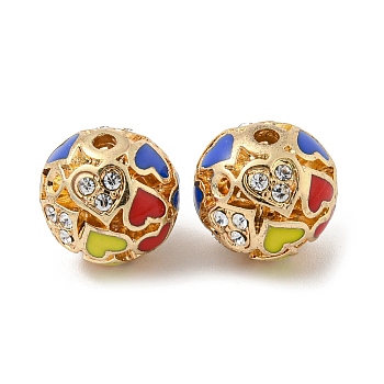 Golden Alloy Enamel Beads, with Rhinestone, Round with Heart, Red, 12x11.5mm, Hole: 1.8mm