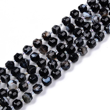 Natural Black Banded Agate/Striped Agate Beads Strands, Round, Faceted, 7~8x8mm, Hole: 1.2mm, about 37pcs/strand, 14.56~14.96 inch(37~38cm)