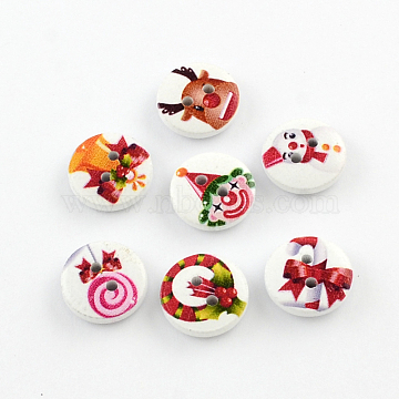 2-Hole Printed Wooden Buttons for Christmas, Flat Round, Mixed Color, 15x4mm, Hole: 2mm(X-BUTT-R033-012)