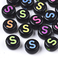 Opaque Black Acrylic Beads, Horizontal Hole, Flat Round with Mixed Color Letter, Letter.S, 7x4mm, Hole: 1.6mm, about 3600pcs/500g(MACR-N008-17S)